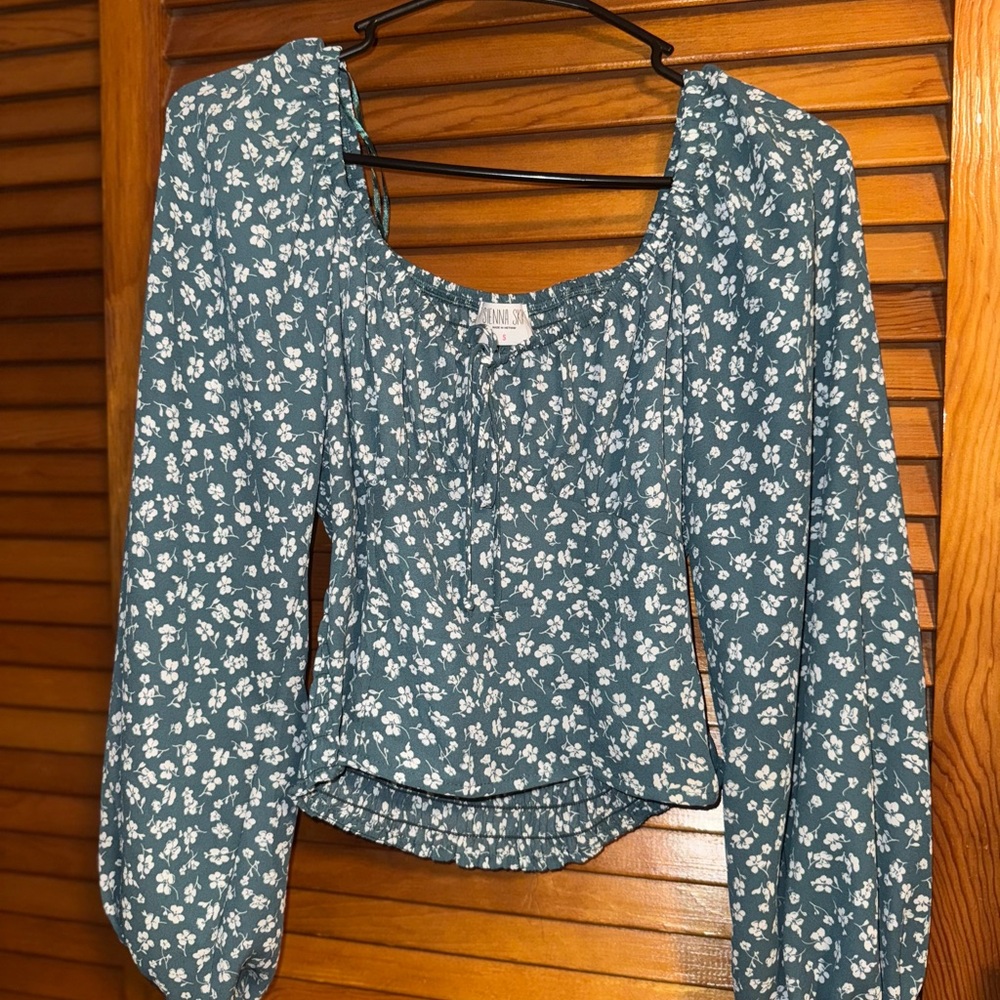 Zara Teal Floral Long Sleeve Blouse